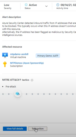 Azure Security Center alert details, showing inbound traffic blocked from IP addresses, affecting a virtual machine (mtpdemo-annhill), potentially malicious activity, and pre-attack MITRE ATT&CK tactics.