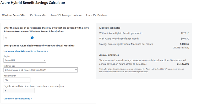 Webpagina van Azure Hybrid Benefit Savings Calculator met invoervelden voor core licenties, geplande Azure-implementaties, regio, instance size, uren/maand, en geschikte virtuele machines.