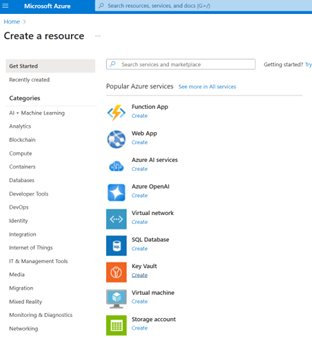Microsoft Azure portal screen showing categories and popular services for creating resources, including Function App, Web App, Azure AI services, and more.