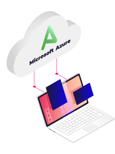 Microsoft Azure cloud icon with a green 'A' logo connecting to a modern laptop displaying abstract windows.