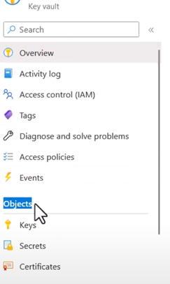 Key vault management window showing Objects, Keys, Secrets, and Certificates options.