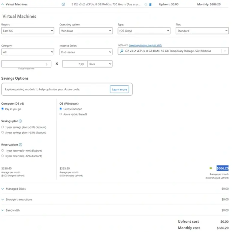 Prijsopties voor Azure virtuele machine voor een D2 v3 instantie met 2 vCPUs, 8 GB RAM en 50 GB tijdelijke opslag, met uur- en maandkosten.