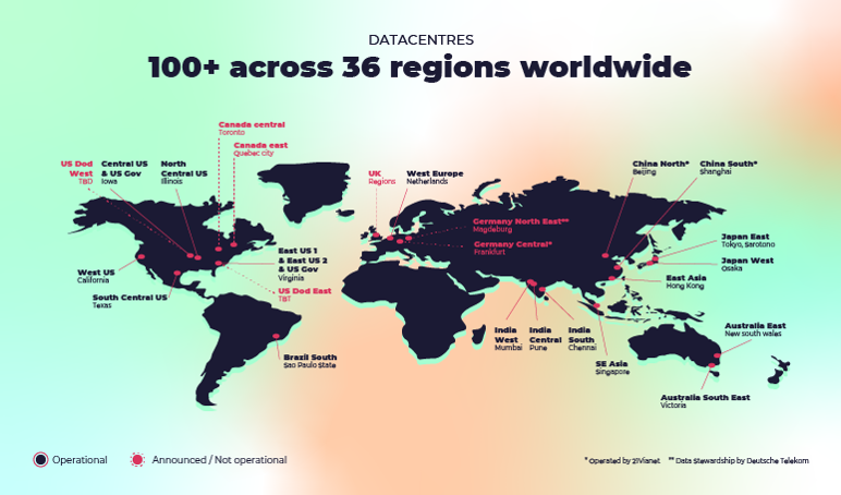 Wereldkaart met meer dan 100 datacenters van Microsoft Azure over 36 regio's wereldwijd, met operationele en aangekondigde/niet-operationele locaties gemarkeerd.