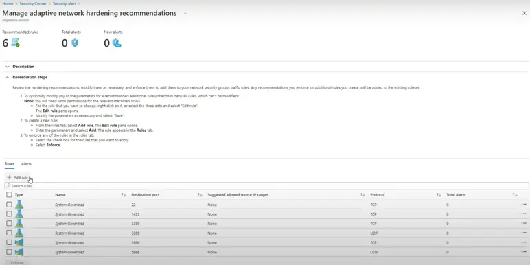 Network security group (NSG) rule management interface displaying recommended rules, total alerts, and remediation steps.