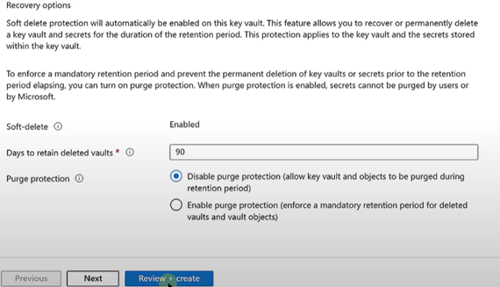 Microsoft security settings for key vault and secret retention period options, including soft-delete and purge protection.