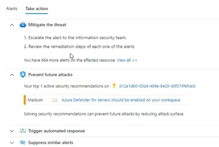 Options of taking actions in security alerts Microsoft Defender for Cloud