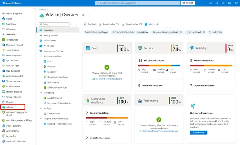 Azure Advisor Screenshot van een overzicht