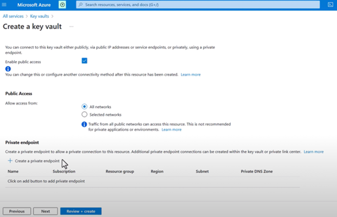Microsoft Azure key vault configuration screen, showing options for public and private endpoint access.