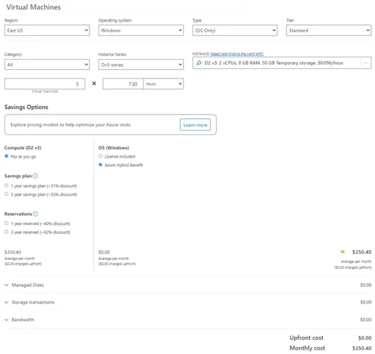 Prijsopties voor Azure virtuele machine voor Dv3-serie instanties, inclusief rekenkracht, besturingssysteem, spaarplannen en reserveringen.