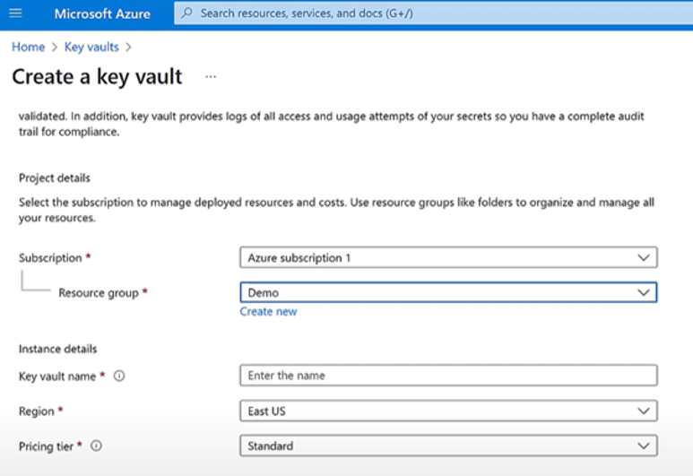 Azure portal key vault creation form with fields for subscription, resource group, name, region, and pricing tier.
