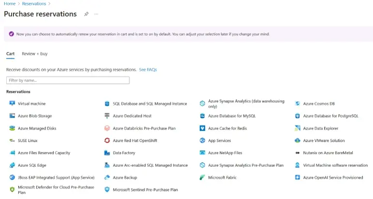 Azure purchase reservations list showing various services like virtual machines, blob storage, and managed disks.