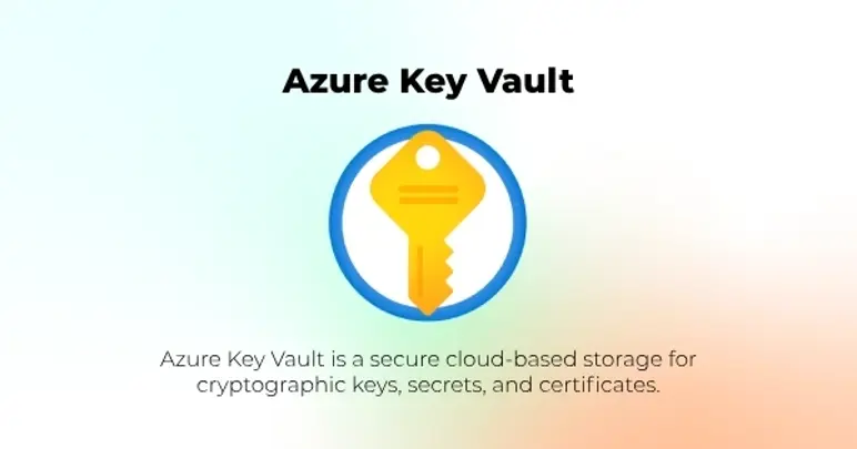 Azure Key Vault, a secure cloud-based storage for cryptographic keys, secrets, and certificates, is depicted by a yellow key icon within a blue circle.