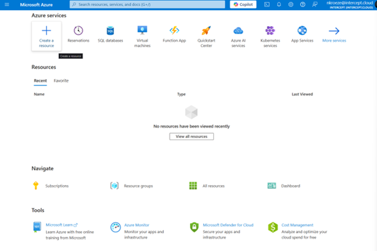 Microsoft Azure portal showing resource management tools, including create a resource, reservations, SQL databases, virtual machines, function app, quickstart, Azure AI services, Kubernetes services, app services, and more services options.