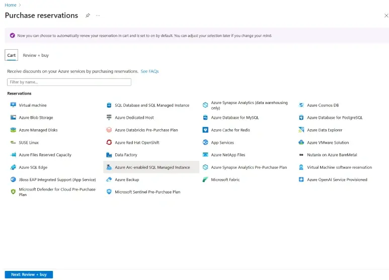 Azure reservatie-aankoopoverzicht met opties en iconen.