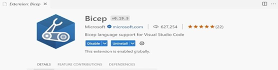 The Bicep extension for Visual Studio Code is shown with its logo, name, and installation status.