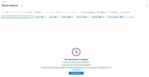 Dashboard voor beheer van reservations toont 'Geen reservations om weer te geven' bericht met een klokicoon en links voor meer informatie.