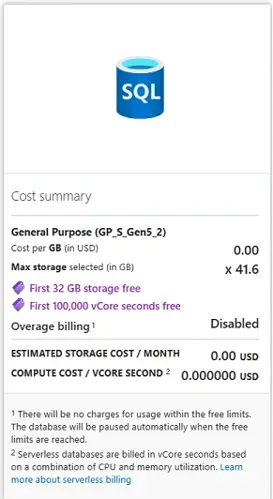 Screenshot uit de Azure portal van de Free Offer Cost summary card. Inbegrepen in de details zijn 'Eerste 32 GB opslag gratis' en 'Eerste 100.000 vCore seconden gratis'