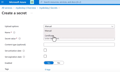 Creating a Secret in Azure Key Vault